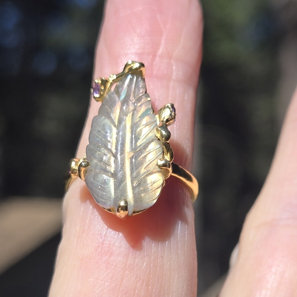 Labradorite Leaf 24k Amethyst Sterling & Gold Ring Sz7 - Picture 3 of 10